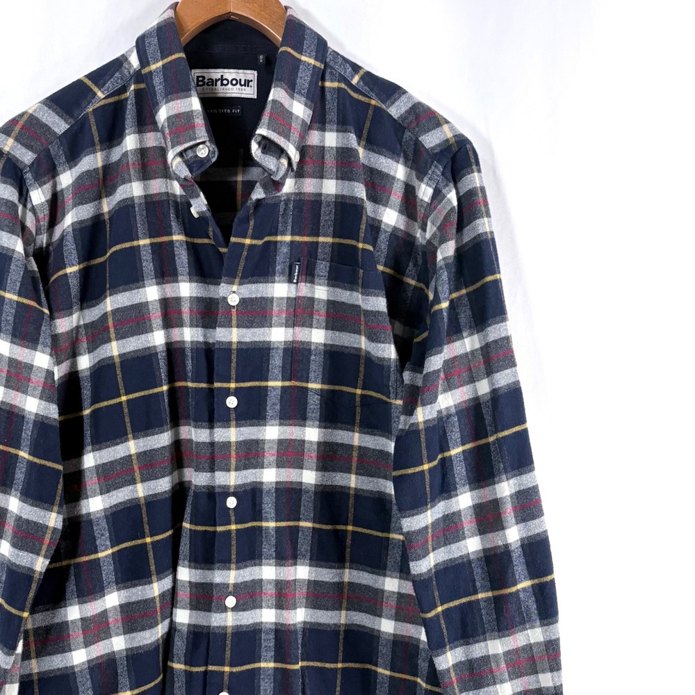 Barbour Castlebay Tartan Flannel Shirt Navy Blue Tailored Fit Mens M MSH3221NY91
